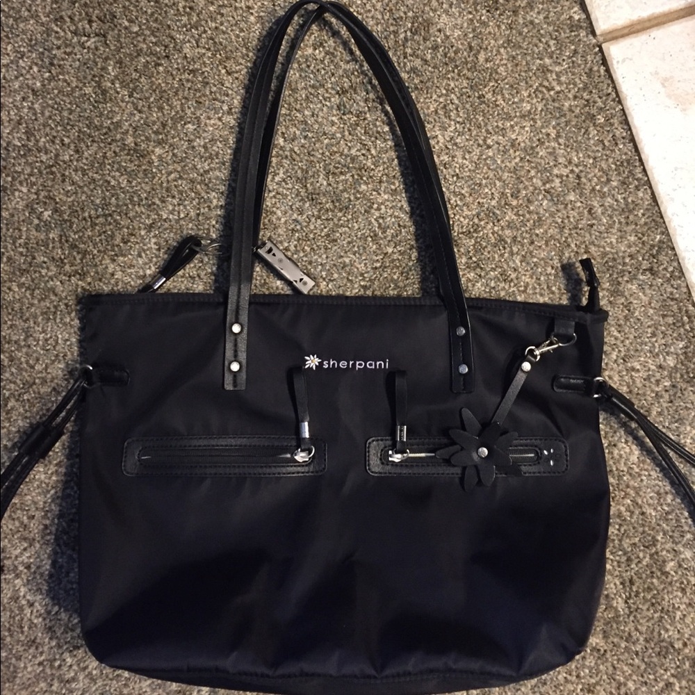 Sherpani Black Nylon Tote with Floral Charm